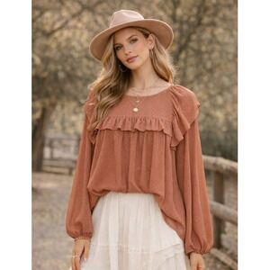 Entro Women Top M Rose Gold Sheer Chiffon Polka Dot Boxy Retro Boho Cottagecore